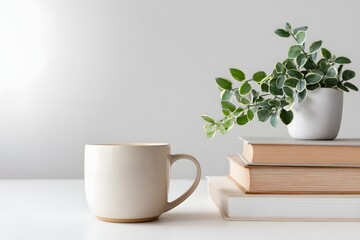 Clean Workspace With Coffee and Green Plant