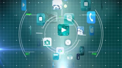 Animation of hud processing with media icons on digital interface with grid patterns - Powered by Adobe