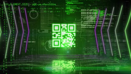 Animation of neon qr code over green space with diverse data - Powered by Adobe