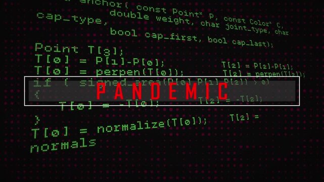 Unique digital video of pandemic text with computer coding in background