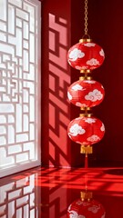 Three red Chinese lanterns with white cloud patterns hang against a vibrant red wall casting intricate shadows from a traditional lattice window.