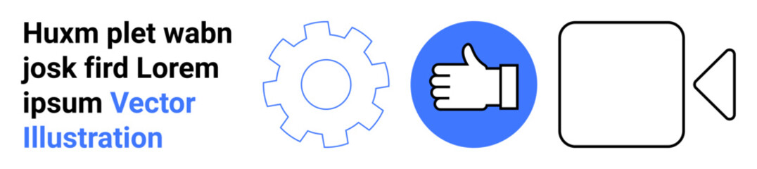 Obraz premium Business tools, media workflows, video production, teamwork, digital technology, process optimization. Gear, thumbs up and video camera symbols. Business tools and media workflows concept