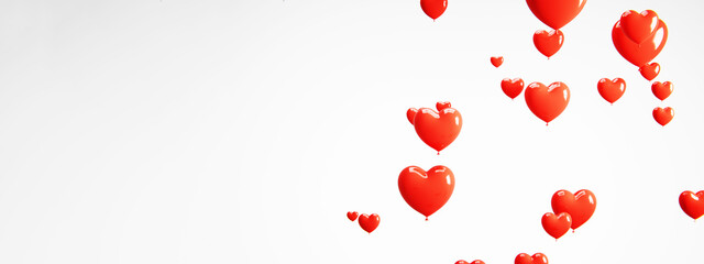 Red heart balloons floating randomly across a clean white background