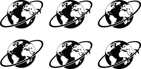 World travel airplane and globe silhouette set, showing international flight routes around earth, black vector illustration for tourism, aviation, transport and global business design © Shafik Creatives