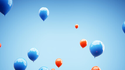 Colorful balloons rising high against a bright blue gradient background, symbolizing celebration