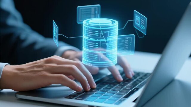 Database and datastore. Data migration and transformation. Engineer holding database icons in data flow diagram.