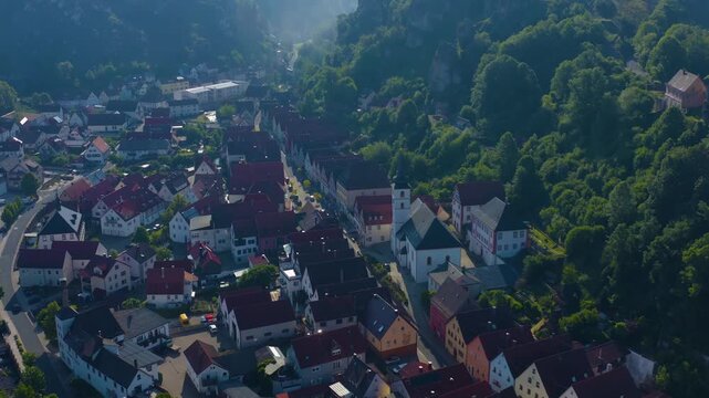 Aerial view of the city part Pottenstein im Tal  in Germany on a sunny morning in spring. 