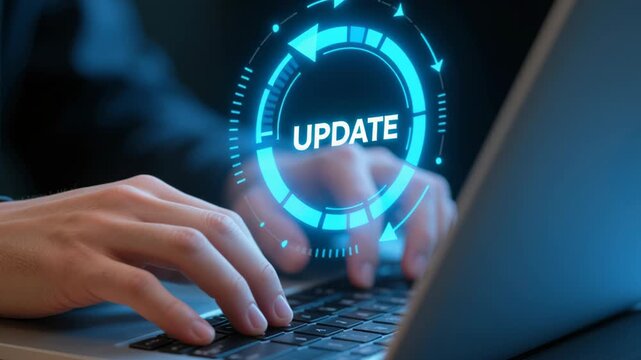 Update of system and software. Security patch and firmware version upgrade. Businessperson using laptop computer to apply bug fixes.