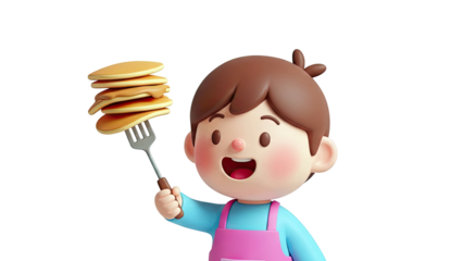 Happy Child Holding Stack of Pancakes on Fork