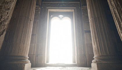 Obraz premium Ancient stone gate, light shining through tall pillars, glowing magical aura, old arch, mysterious portal