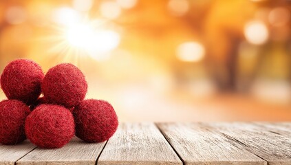 Red spheres on wooden surface with blurred warm background