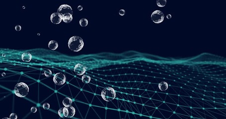 Animation of network of connections with digital people icons over green mesh - Powered by Adobe