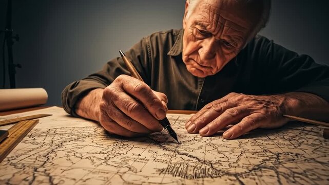 Elderly Man Drawing On An Old Map With Magnifying Glass And Compass On Desk With Warm Lamp Light
