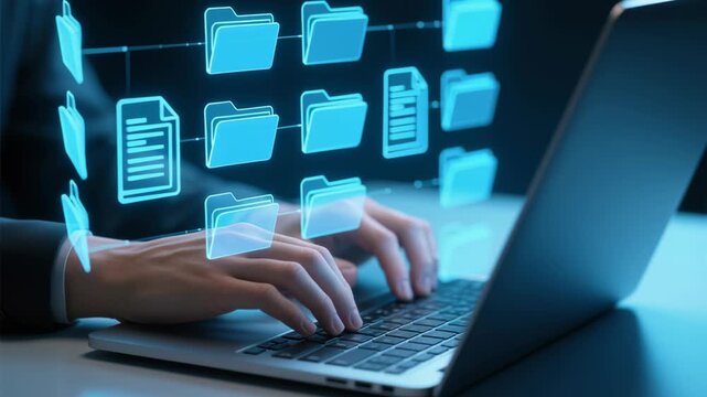 Document control and archive system. Document and record management. Business person holding file icon on folder structure.