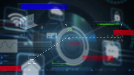 Animation of glitch effect over multiple screens with data processing and digital icons - Powered by Adobe
