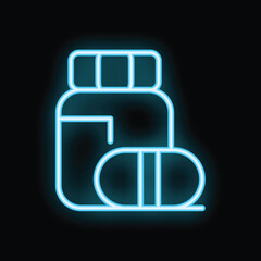 Fototapeta premium Blue neon icon of a medicine bottle with pills glowing on a black background