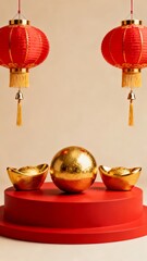 Elegant Chinese New Year display featuring red lanterns golden ingots and a reflective orb on a vibrant red pedestal.