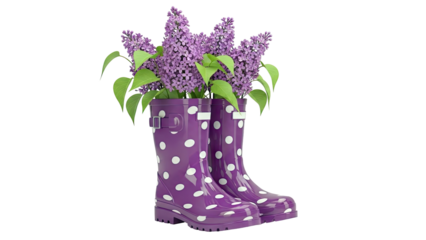 Purple Polka Dot Rain Boots Filled with Lilacs
