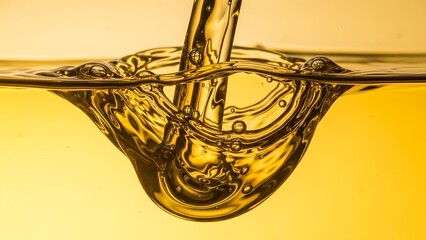 Close up abstract motion shot shows golden viscous liquid actively pouring creating dynamic waves and capturing light refraction with many tiny air bubbles suspended within the rich texture.