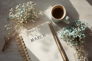 March Planner Flat Lay With Spring Decor