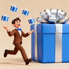 A joyful man in a brown suit celebrates near a giant blue gift box with silver ribbon as smaller gifts float around him.