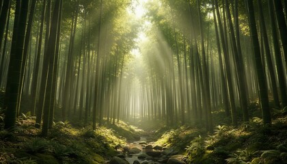 Obraz premium Sunlight streams through tall bamboo forest, creating a tranquil and ethereal atmosphere
