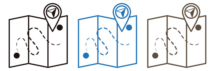 Navigation map icon set showing a planned route with a location marker and compass © MOHAMMADSHARIFUL
