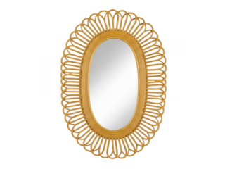 Golden oval rattan mirror isolated on transparent background