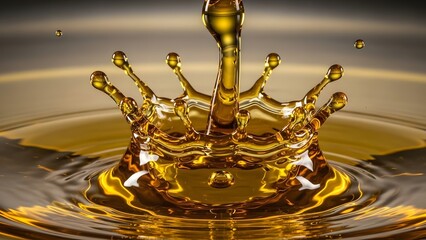 High speed photography captures the dramatic golden crown splash effect created by a droplet impacting viscous liquid in a macro studio setting