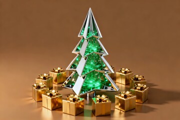 A modern geometric Christmas tree with green lights surrounded by golden gift boxes on a warm brown background.