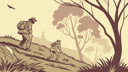 Illustration of a man and a child hiking up a hill with trees in the background in a sepia tone color scheme
