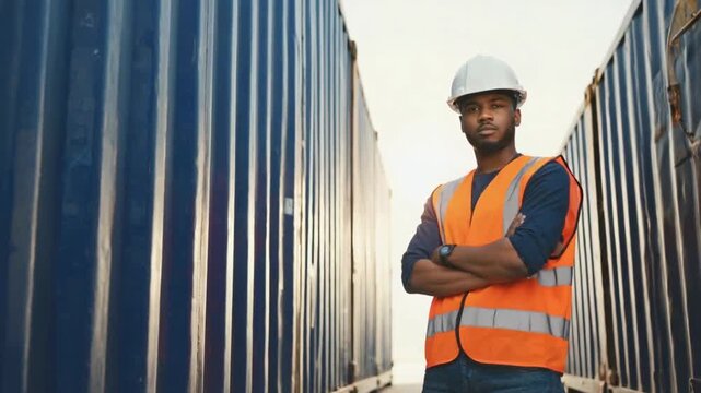 Port worker. Wearing a vest and helmet.