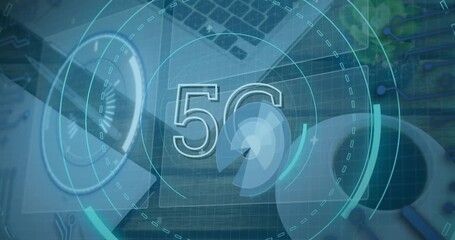 Animation of scope scanning with 5g text and data processing over desk with laptop - Powered by Adobe