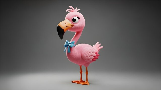 A cartoon pink flamingo with a blue bow tie standing on a gray background