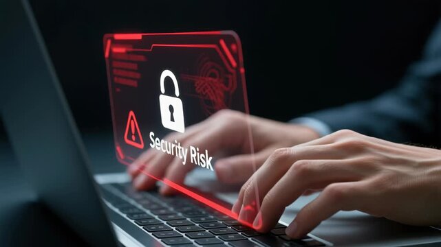 Security risk. Vulnerability to threats. Unencrypted data communication and storage. Compliance violations. Businessperson using laptop computer.