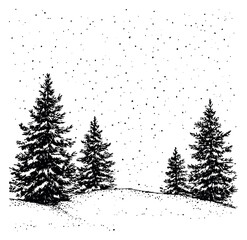 Fototapeta premium Hand drawn line art illustration of a winter forest landscape depicting falling snow for holiday designs