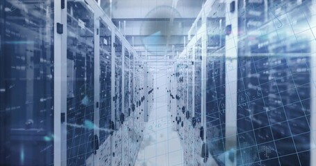 Digital animation depicts data flow on a world map in a server room. - Powered by Adobe