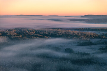 Aerial view of mist-shrouded woodlands where the soft light kisses the horizon, painting the sky in pastel hues, Caledonian Forest, Cairngorms National Park, Scotland.