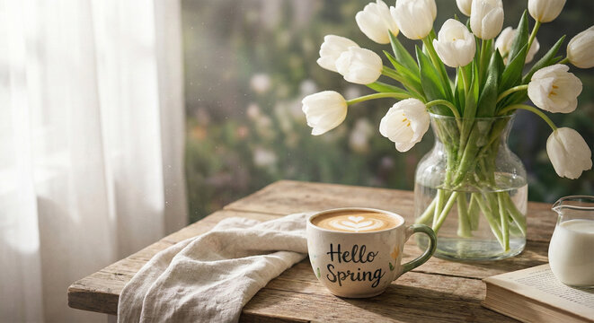 White tulips in vase with coffee cup on wooden table near window, spring morning or cozy cafe marketing