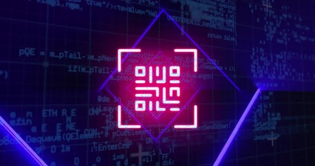 Animation of qr code in rhombus pattern over programming language against black background - Powered by Adobe
