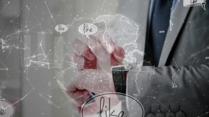 Animation of network of connections and globe with like text over caucasian businessman - Powered by Adobe