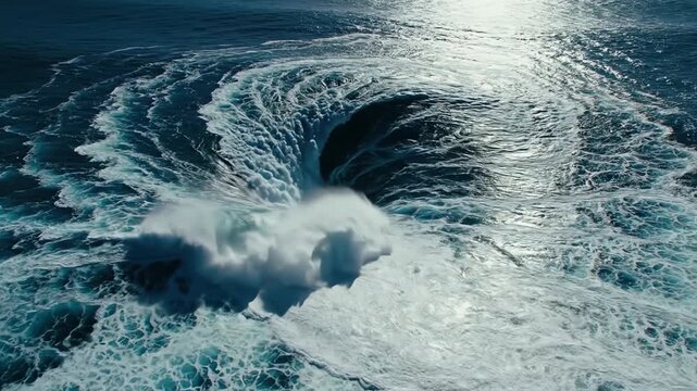 Vortex in Ocean Water Creating Powerful Whirlpool Action
