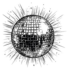 Hand drawn line art illustration of a disco ball depicting radiating light for a fun party atmosphere