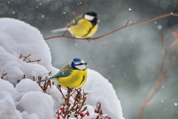 Winter scenery with blue tit bird sitting on the snowy branch