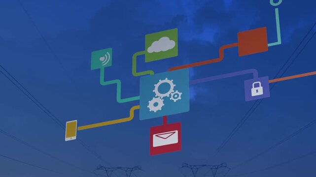 Animation of network of connections with cloud icons over electricity pylons