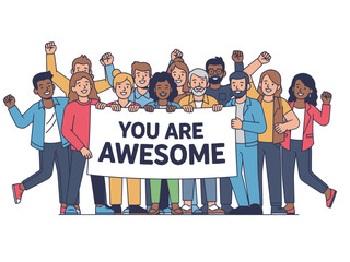 Fototapeta premium A diverse group celebrates success with a vibrant banner proclaiming 'You Are Awesome!' They pose joyfully, showcasing unity and positivity. Great for motivational content.