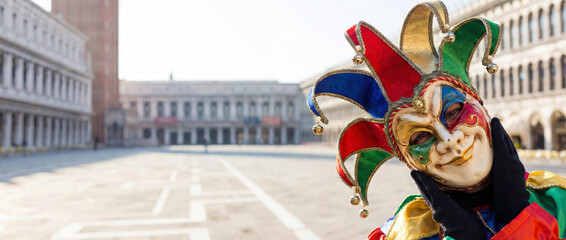 Colorful jester masquerade mask posing in St. Mark's Square. Traditional costume character during Carnival of Venice in Italy with blurred architecture background and copy space.