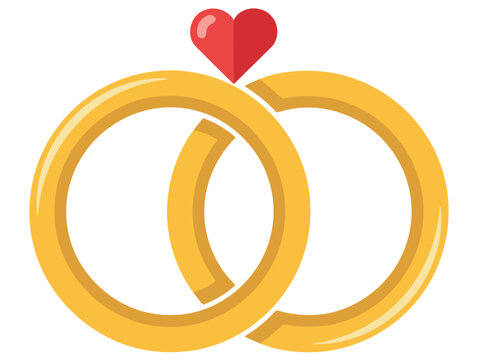 Elegant wedding rings intertwined, symbolizing love and commitment. A modern, flat design with a red heart accent. Perfect for wedding, spouse, or relationship themes.
