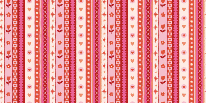 Vector seamless pattern, abstract hand-drawn quirky doodles,  love theme wallpaper, Valentine's day decorative wrapping paper and textile background with hearts and flowers