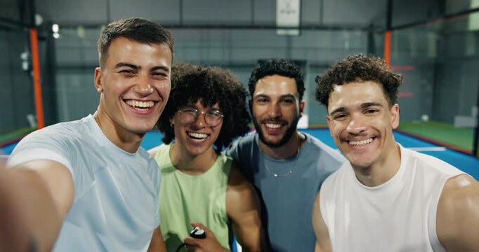 Padel, face and men with fitness, selfie and bonding together with sports, funny or profile picture. About us, happy people or friends with photography, social media post or capture memory with humor